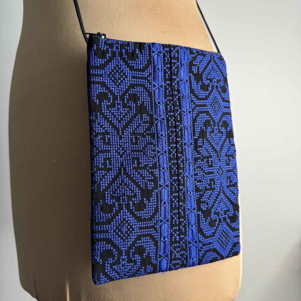Cobalt Blue Black Fabric Crossbody Pouch Zipper Purse Bag Embroidered Embroidery